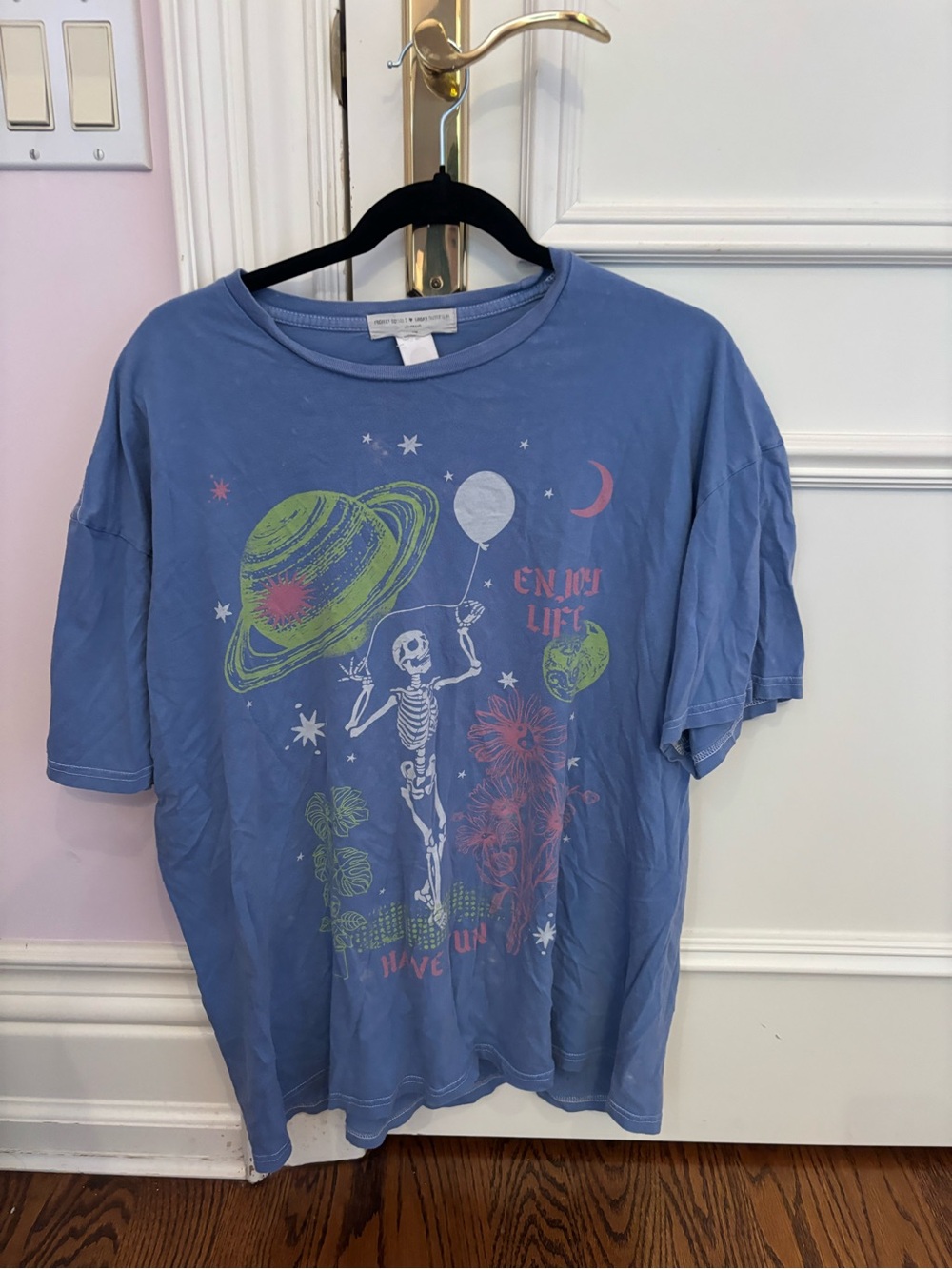 Urban Outfitters Blue Graphic Short-Sleeve Tee with Neon Planet & Skeleton